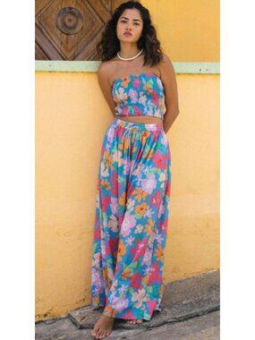 Billabong Womens Floral Wide Leg Pants L Blue Tropical Cotton Beach Vacation